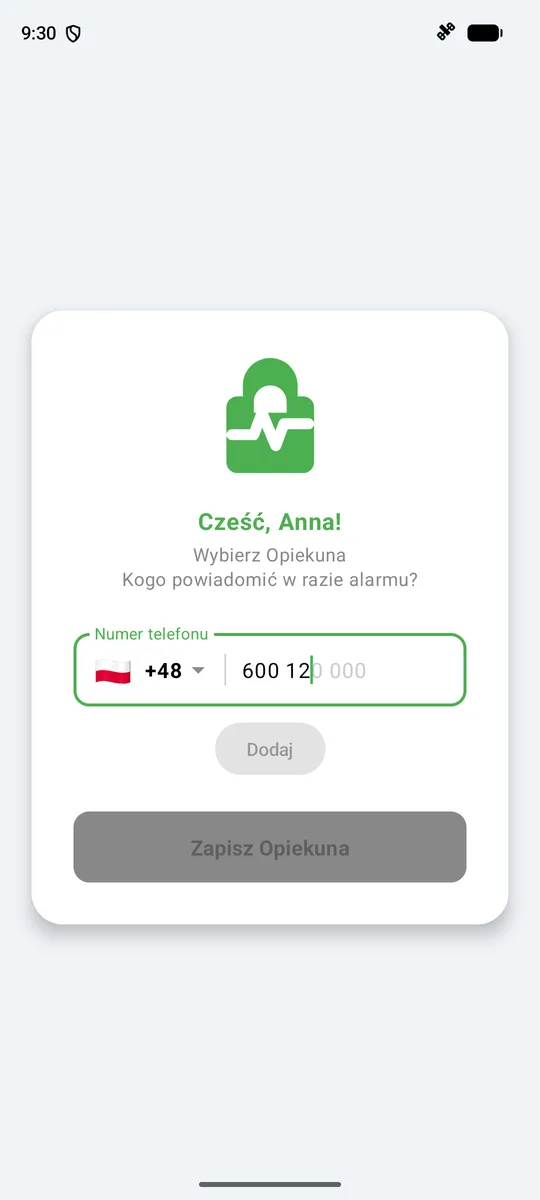 Dodawanie opiekuna z wyborem kraju i maską numeru