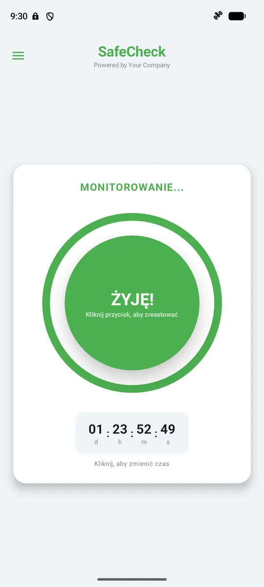 Ekran główny z licznikiem i przyciskiem ŻYJĘ