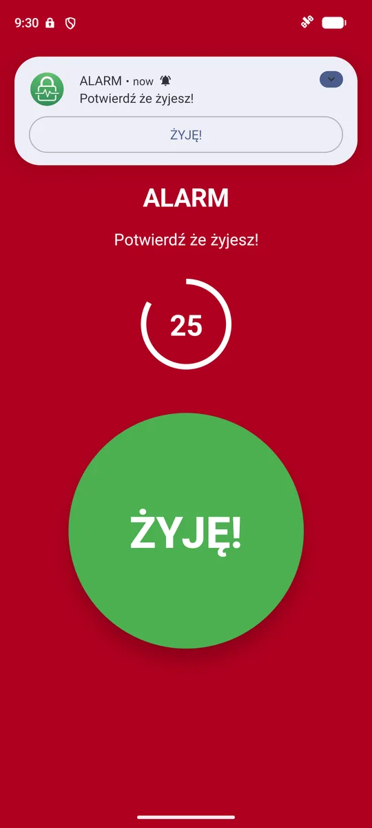 Pełnoekranowy alarm z odliczaniem